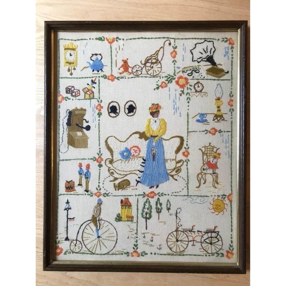 Art Vintage Crewel Embroidery Needlepoint Framed Art Handmade